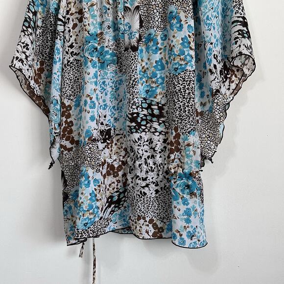 Sere Nade Top M Blue Brown Animal Chiffon Drawstring Split Sleeve Popover Boho - Picture 8 of 9